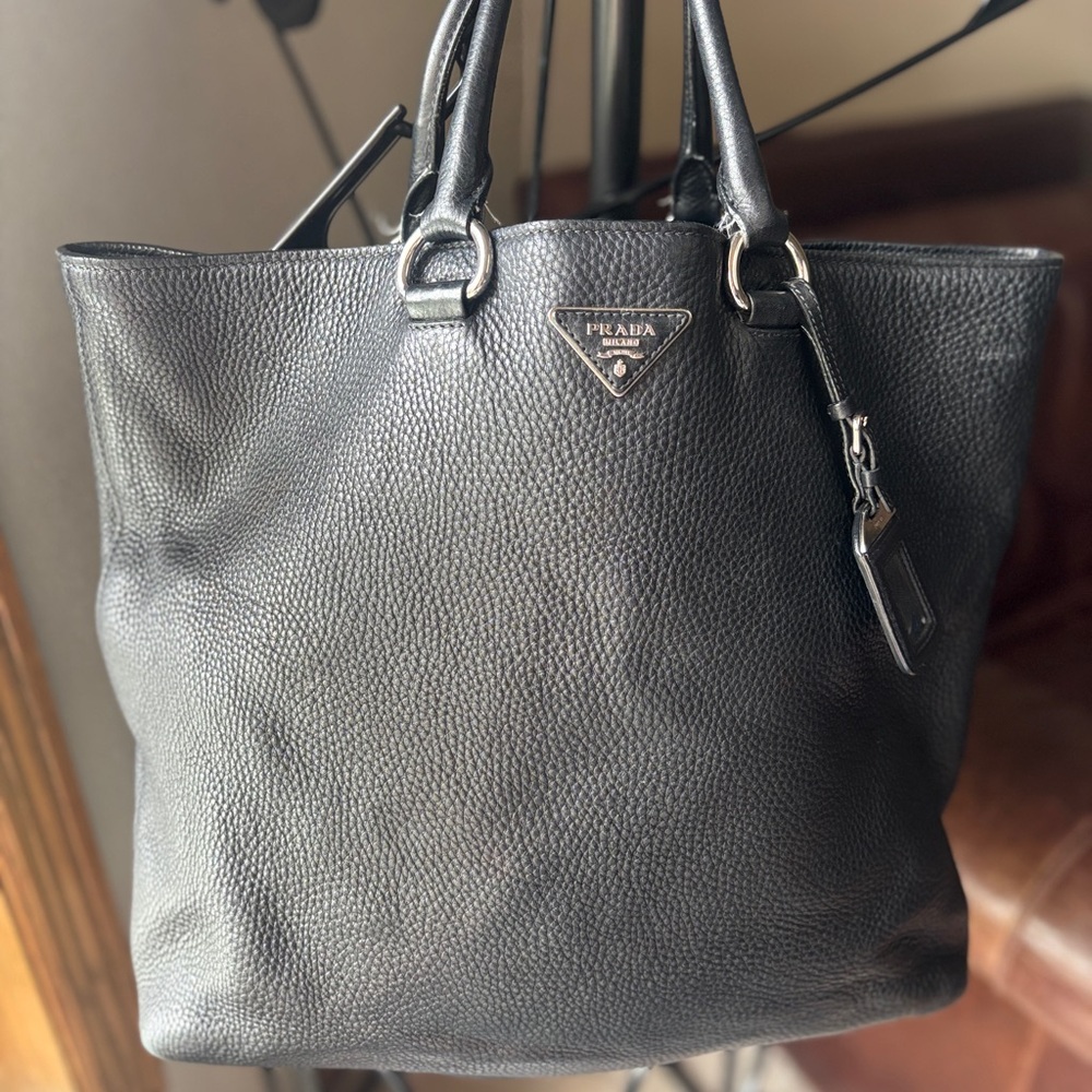 Prada Black Pebbled Leather Tote with Logo Plaque with cross body strap